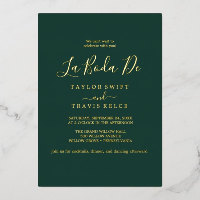 Invitation En Aluminium Baisse en or délicate | Emerald La Boda De Mariage (Recto)