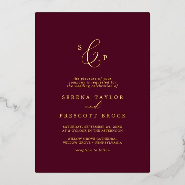 Invitation En Aluminium Baisse en or délicate | Mariage Monogram Bourgogne (Recto)