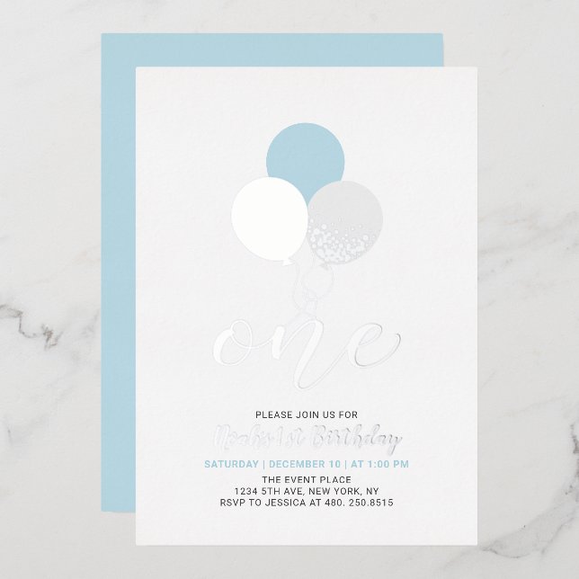Invitation En Aluminium Ballons bleu et argent Un 1er garçon fête d'annive (Recto/Verso)