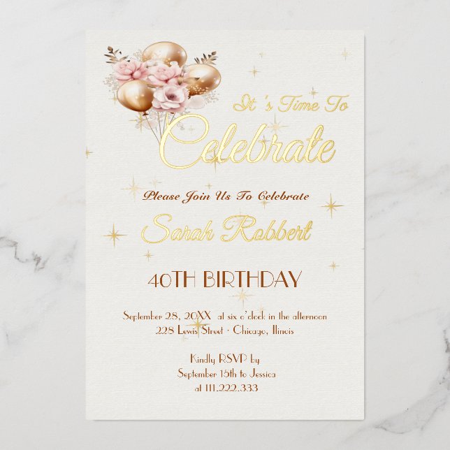 Invitation En Aluminium Ballons d'anniversaire Véritable or (Recto)