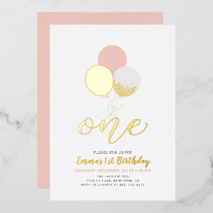 Invitation En Aluminium Ballons roses et or   Un 1er anniversaire de fille