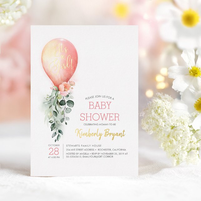 Invitation En Aluminium Balloon rose floral C'est un Baby shower fille (Blush Pink Balloon Gold Foil Baby Shower Invitation It's a Girl)