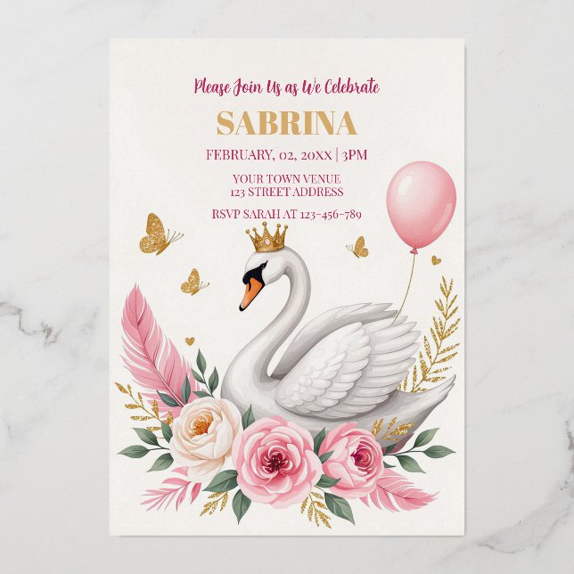Invitation En Aluminium Balloon rose Swan Princesse Balloon Anniversaire (Recto)
