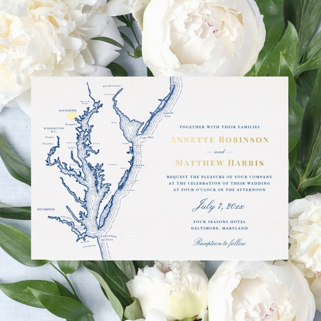 Invitation En Aluminium Baltimore Maryland Mariage Marine et Or (Baltimore Maryland Gold and Blue wedding invitation from Coastal map Designs)