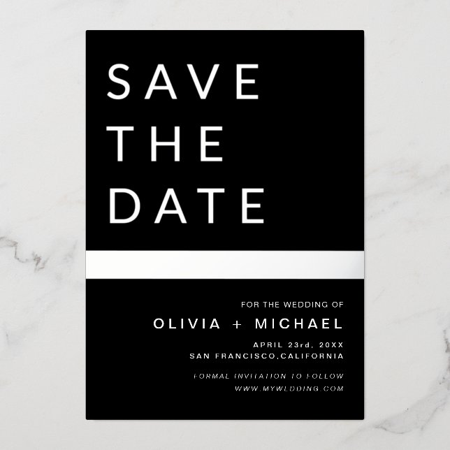 Invitation En Aluminium Bande d'argent noir Enregistrer la date Elegant (Recto)