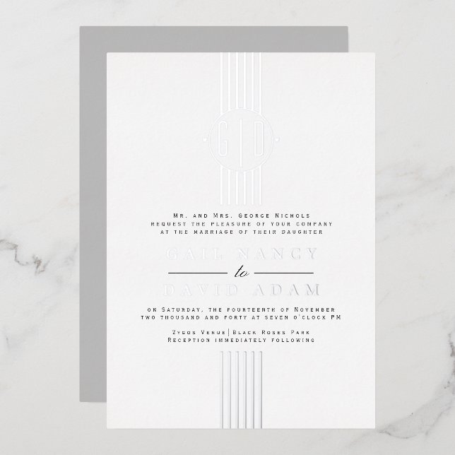 Invitation En Aluminium Bandes de feuille d'argent réel, mariage monogramm (Recto/Verso)