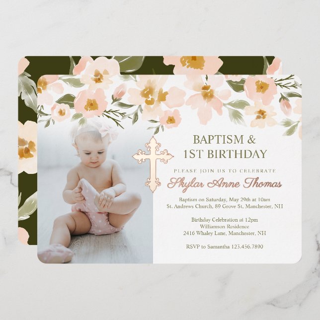 Invitation En Aluminium Baptême & 1er anniversaire aquarelle Florales Phot (Recto/Verso)