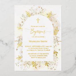 Invitation En Aluminium Baptême aquarelle fleurs blanches jaunes