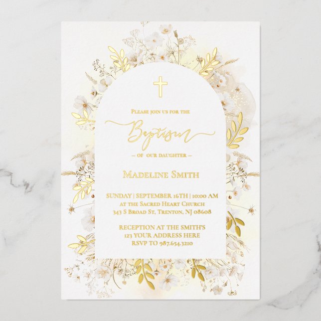 Invitation En Aluminium Baptême aquarelle fleurs blanches jaunes (Recto)