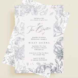 Invitation En Aluminium Baptême argenté floral calligraphié élégant avec c