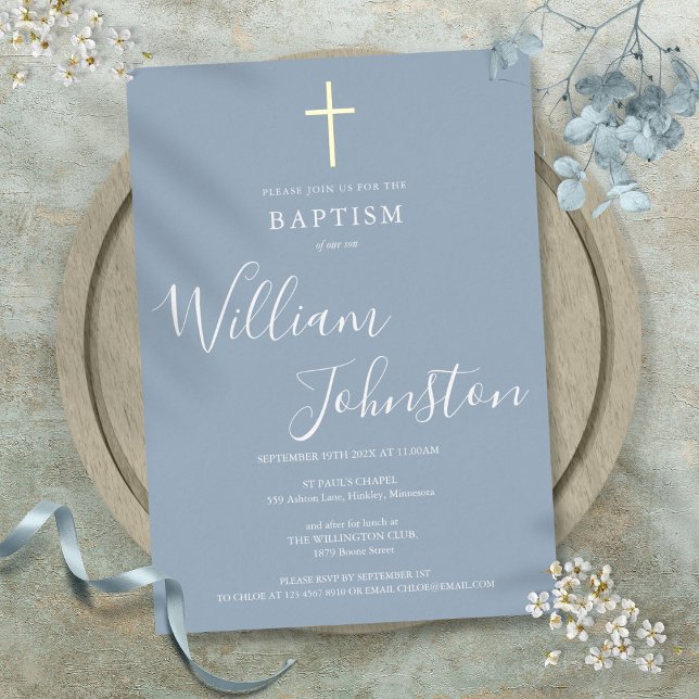 Invitation En Aluminium Baptême Bleu Dusty Christening Elegant Gold Cross (Dusty Blue Baptism Christening Elegant Gold Cross Foil Invitation)