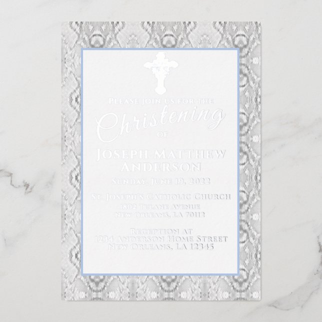 Invitation En Aluminium Baptême Bleu Faux Lace / Baptême (Recto)