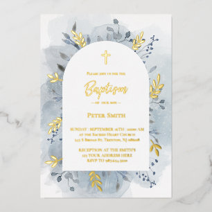 Invitation En Aluminium Baptême bleu poussiéreux aquarelle argent