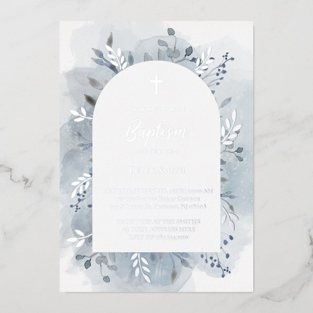 Invitation En Aluminium Baptême bleu poussiéreux aquarelle argent (Recto)
