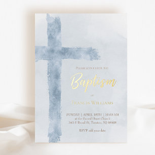 Invitation En Aluminium baptême croix bleue aquarelle