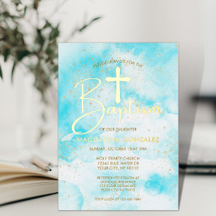 Invitation En Aluminium Baptême Croix Dorée Aquarelle Bleu Aqua Élégant