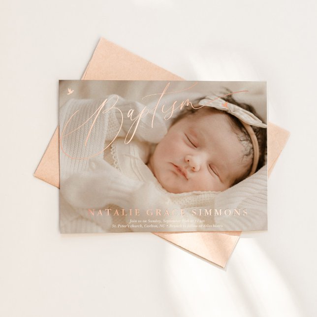 Invitation En Aluminium Baptême de beau script  (Elegant rose gold baptism invitation mockup shown with envelope in natural lighting)