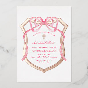 Invitation En Aluminium Baptême de la crête d'or Rose rose Bow