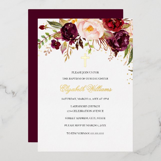 Invitation En Aluminium Baptême de la Croix Florale Rouge Bourgogne (Recto/Verso)