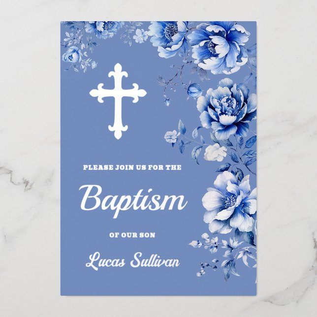 Invitation En Aluminium Baptême des fleurs bleues (Recto)