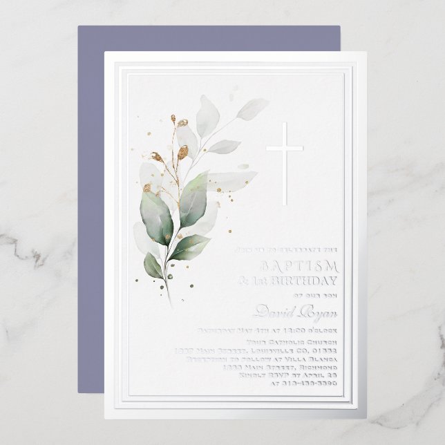 Invitation En Aluminium Baptême du 1er anniversaire Eucalyptus de verdure  (Recto/Verso)