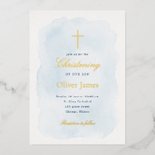 Invitation En Aluminium Baptême élégant bleu aquarelle feuille d'or