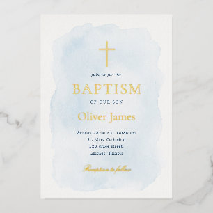 Invitation En Aluminium Baptême élégant bleu aquarelle feuille d'or