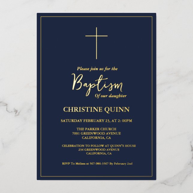 Invitation En Aluminium Baptême élégant bleu marine et or  (Recto)