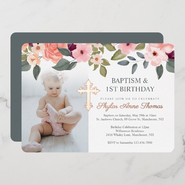 Invitation En Aluminium Baptême et 1er anniversaire aquarelle Fleurs photo (Recto/Verso)