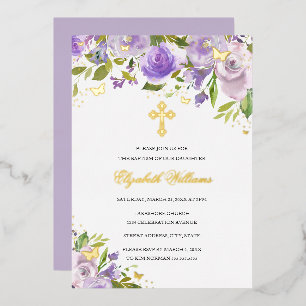 Invitation En Aluminium Baptême Fille Fleur Papillon Violet Or