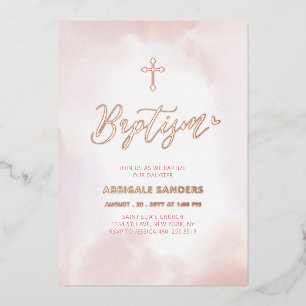 Invitation En Aluminium Baptême Fille Rose Gold & Cœur Rose