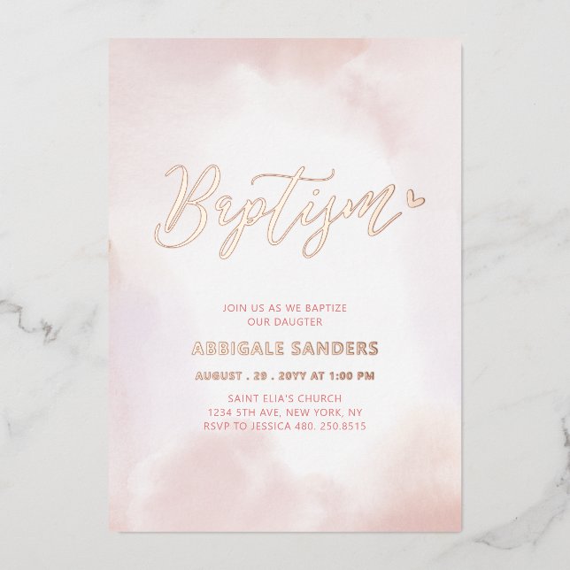 Invitation En Aluminium Baptême fille Rose Gold et cœur rose (Recto)