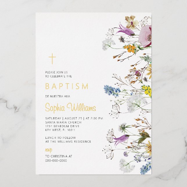 Invitation En Aluminium Baptême Fleur sauvage Boho (Recto)