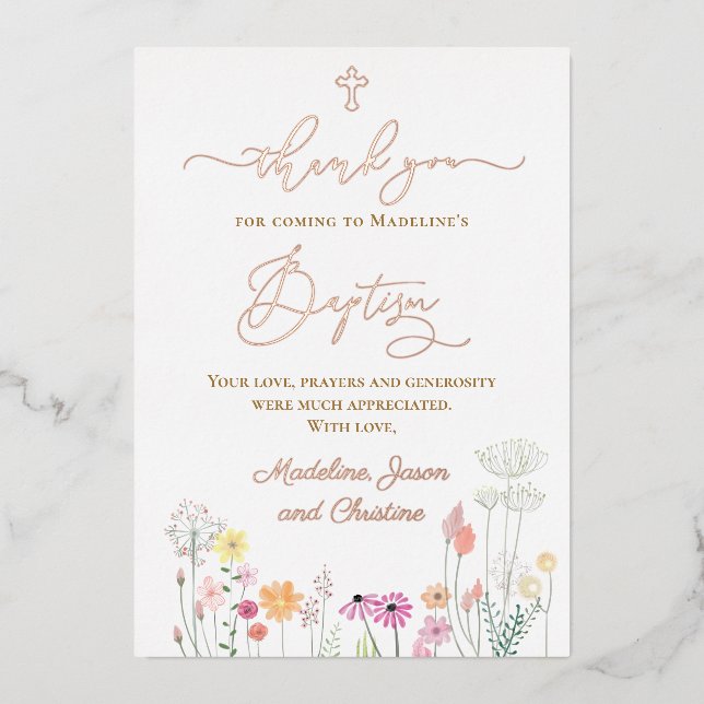 Invitation En Aluminium Baptême fleur sauvage merci d'être venu (Recto)