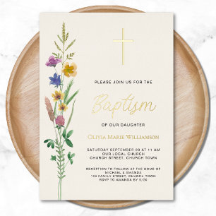 Invitation En Aluminium Baptême Fleur sauvage rustique