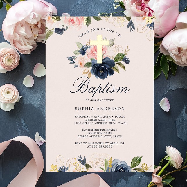 Invitation En Aluminium Baptême floral de la Marine Rose d'or (Créateur téléchargé)