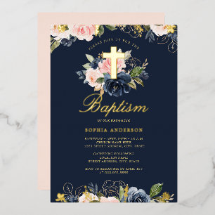 Invitation En Aluminium Baptême Floral Or Rose Navy