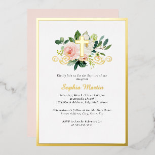 Invitation En Aluminium Baptême floral rose croix or brillant