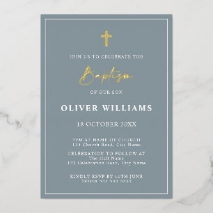 Invitation En Aluminium Baptême garçon bleu poussiéreux et or