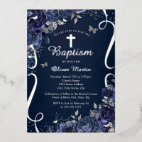Baptême garçon papillon marine floral argenté 