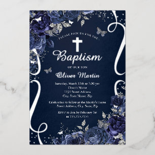 Invitation En Aluminium Baptême garçon papillon marine floral argenté