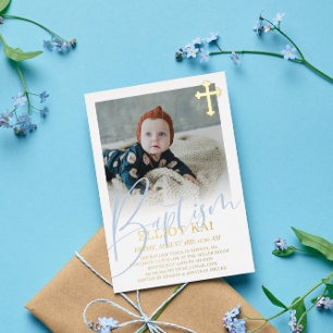 Invitation En Aluminium Baptême Gold Cross Pale Blue Script