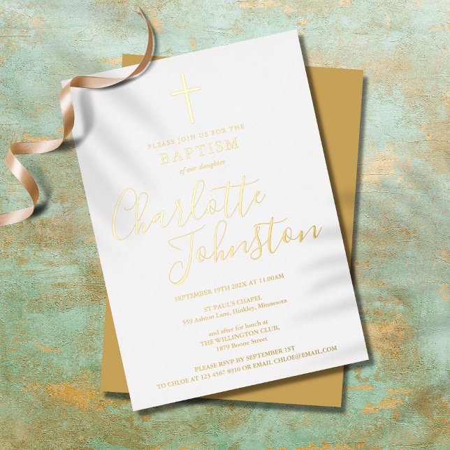 Invitation En Aluminium Baptême moderne Christening Élégante Signature Or (Créateur téléchargé)