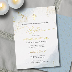 Invitation En Aluminium Baptême Moderne Croix Bleue Or Garçon Chrétien