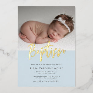 Invitation En Aluminium Baptême photo calligraphie moderne simple bleue 
