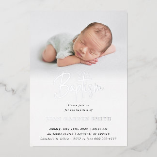 Invitation En Aluminium Baptême photo croix subtile argenté