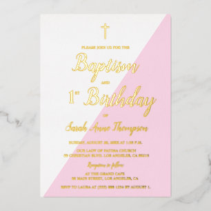 Invitation En Aluminium Baptême rose 1er anniversaire Croix métallique