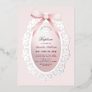 Invitation En Aluminium Baptême vintage Argent Cadre rose Bow
