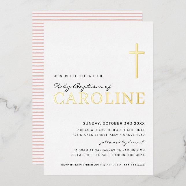Invitation En Aluminium BAPTISM moderne élégant croix jolie fille rose or  (Recto/Verso)