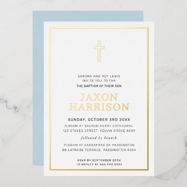 Invitation En Aluminium BAPTISME moderne élégant croisé garçon bébé bleu (Recto/Verso)